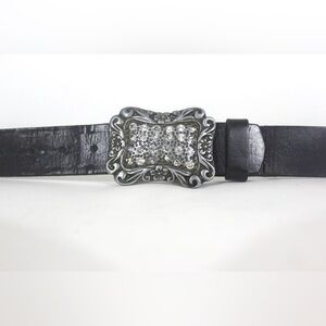 Black Leather Belt with a Rhinestone Silver Metal Buckle Sparkly Large Statement